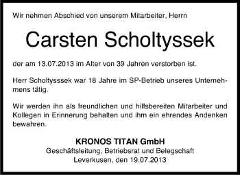 Anzeige von Carsten Scholtyssek von Kölner Stadt-Anzeiger / Kölnische Rundschau / Express