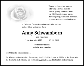 Anzeige von Anny Schwamborn von Kölner Stadt-Anzeiger / Kölnische Rundschau / Express