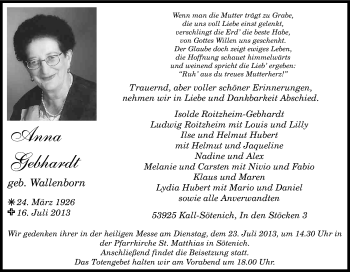 Anzeige von Anna Gebhardt von Kölner Stadt-Anzeiger / Kölnische Rundschau / Express