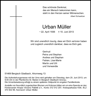 Anzeige von Urban Müller von Kölner Stadt-Anzeiger / Kölnische Rundschau / Express