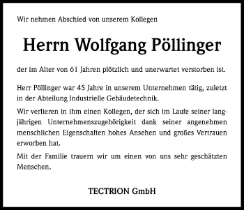 Anzeige von Wolfgang Pöllinger von Kölner Stadt-Anzeiger / Kölnische Rundschau / Express