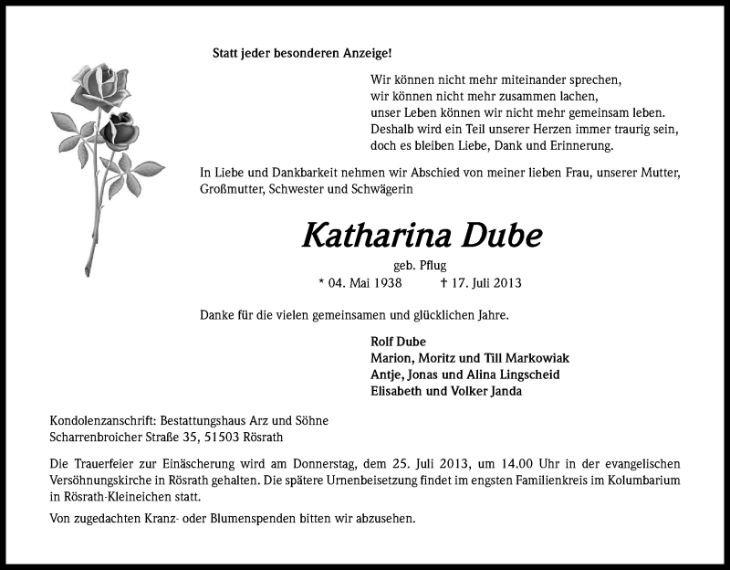  Traueranzeige für Katharina Dube vom 20.07.2013 aus Kölner Stadt-Anzeiger / Kölnische Rundschau / Express