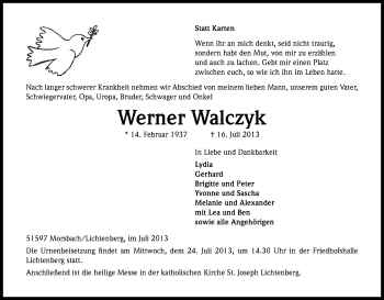 Anzeige von Werner Walczyk von Kölner Stadt-Anzeiger / Kölnische Rundschau / Express