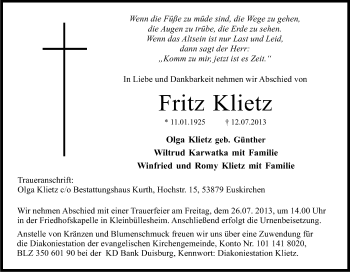 Anzeige von Fritz Klietz von Kölner Stadt-Anzeiger / Kölnische Rundschau / Express