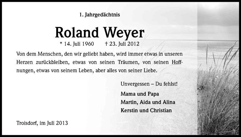  Traueranzeige für Roland Weyer vom 23.07.2013 aus Kölner Stadt-Anzeiger / Kölnische Rundschau / Express