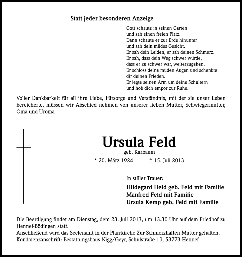  Traueranzeige für Ursula Feld vom 20.07.2013 aus Kölner Stadt-Anzeiger / Kölnische Rundschau / Express