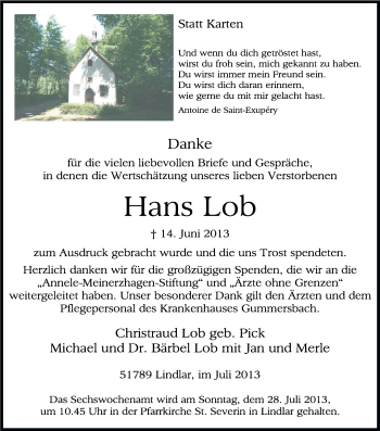 Anzeige von Hans Lob von Kölner Stadt-Anzeiger / Kölnische Rundschau / Express
