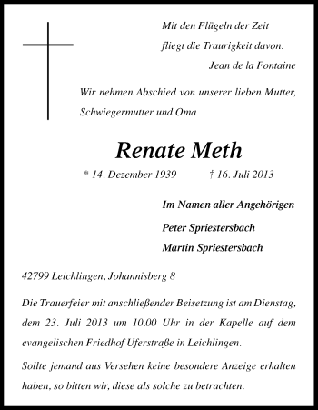 Anzeige von Renate Meth von Kölner Stadt-Anzeiger / Kölnische Rundschau / Express