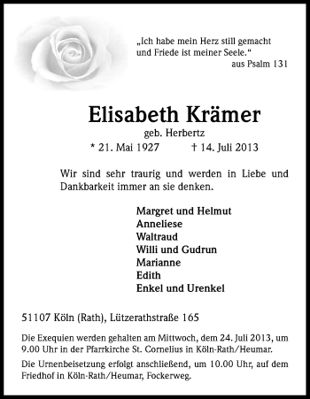 Anzeige von Elisabeth Krämer von Kölner Stadt-Anzeiger / Kölnische Rundschau / Express