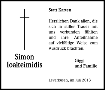 Anzeige von Simon Ioakeimidis von Kölner Stadt-Anzeiger / Kölnische Rundschau / Express