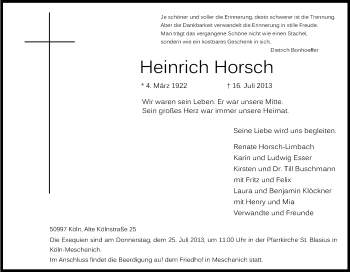 Anzeige von Heinrich Horsch von Kölner Stadt-Anzeiger / Kölnische Rundschau / Express
