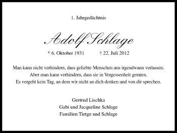 Anzeige von Adolf Schlage von Kölner Stadt-Anzeiger / Kölnische Rundschau / Express