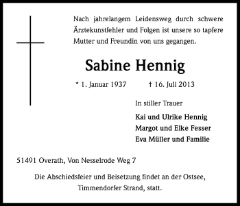Anzeige von Sabine Hennig von Kölner Stadt-Anzeiger / Kölnische Rundschau / Express