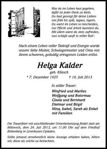 Anzeige von Helga Kalder von Kölner Stadt-Anzeiger / Kölnische Rundschau / Express