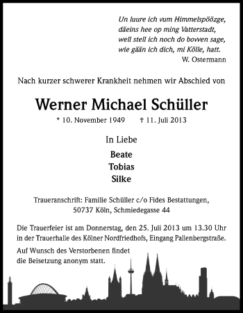 Anzeige von Werner Michael Schüller von Kölner Stadt-Anzeiger / Kölnische Rundschau / Express