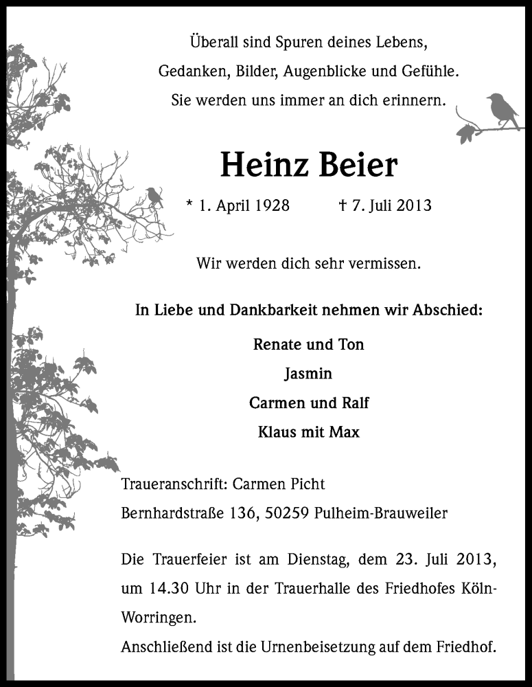  Traueranzeige für Heinz Beier vom 20.07.2013 aus Kölner Stadt-Anzeiger / Kölnische Rundschau / Express
