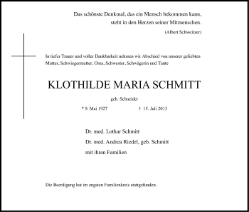 Anzeige von Klothilde Maria Schmitt von Kölner Stadt-Anzeiger / Kölnische Rundschau / Express