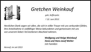 Anzeige von Gretchen Weinkauf von Kölner Stadt-Anzeiger / Kölnische Rundschau / Express