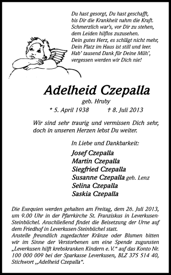 Anzeige von Adelheid Czepalla von Kölner Stadt-Anzeiger / Kölnische Rundschau / Express