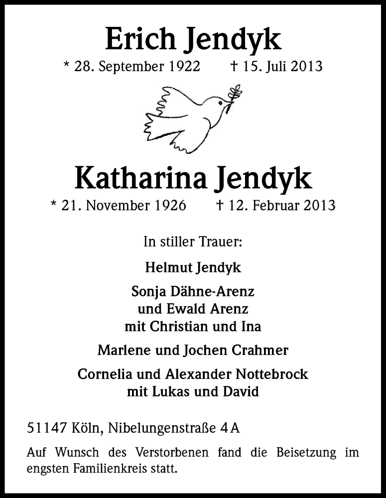  Traueranzeige für Erich Jendyk vom 20.07.2013 aus Kölner Stadt-Anzeiger / Kölnische Rundschau / Express