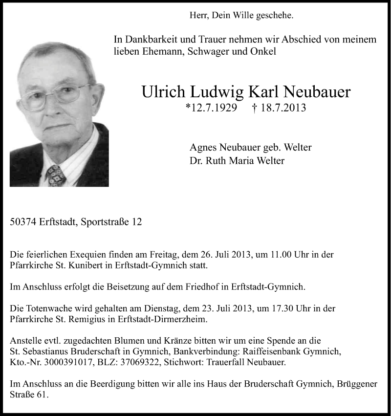  Traueranzeige für Ulrich Ludwig Karl Neubauer vom 20.07.2013 aus Kölner Stadt-Anzeiger / Kölnische Rundschau / Express