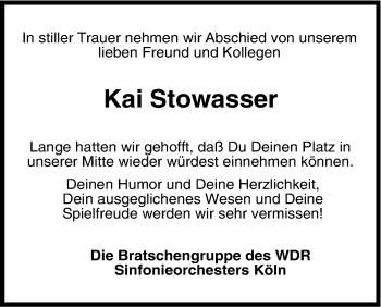 Anzeige von Kai Stowasser von Kölner Stadt-Anzeiger / Kölnische Rundschau / Express