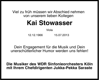 Anzeige von Kai Stowasser von Kölner Stadt-Anzeiger / Kölnische Rundschau / Express