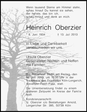 Anzeige von Heinrich Oberzier von Kölner Stadt-Anzeiger / Kölnische Rundschau / Express