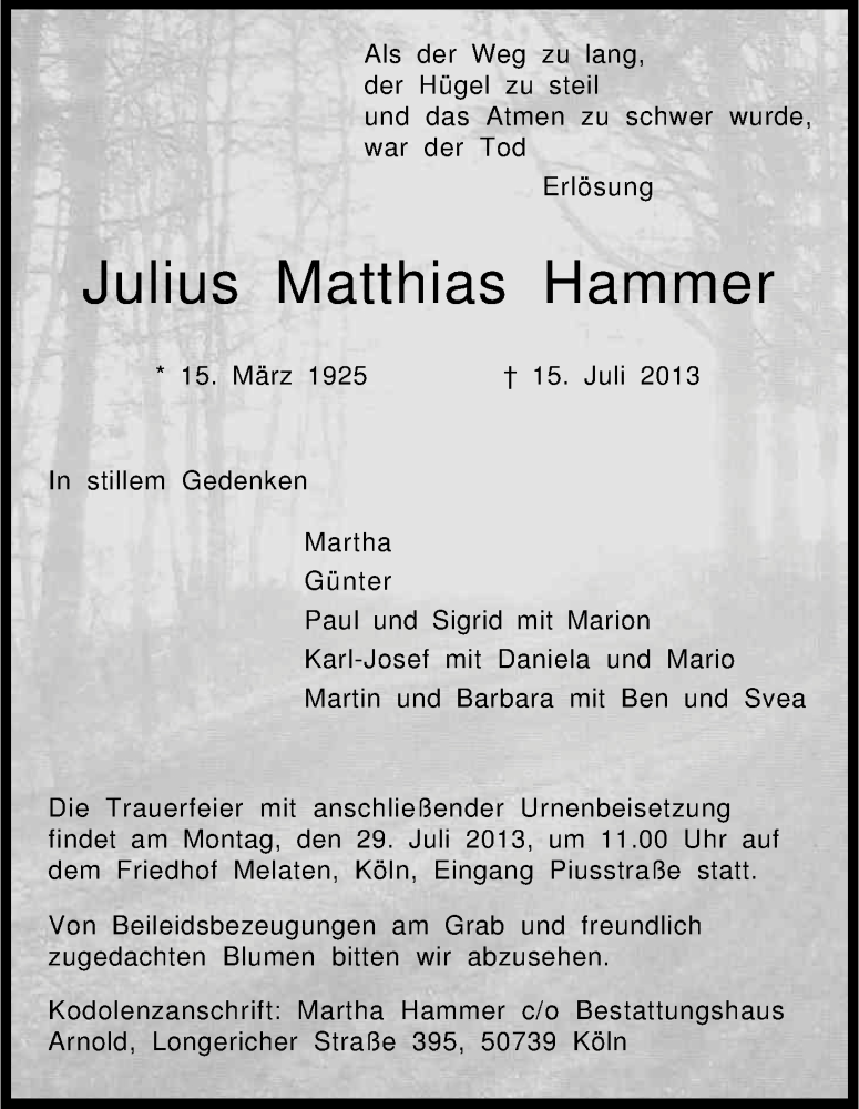  Traueranzeige für Julius Matthias Hammer vom 20.07.2013 aus Kölner Stadt-Anzeiger / Kölnische Rundschau / Express