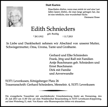Anzeige von Edith Schnieders von Kölner Stadt-Anzeiger / Kölnische Rundschau / Express