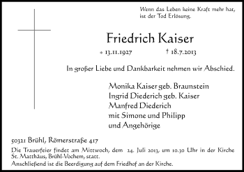 Anzeige von Friedrich Kaiser von Kölner Stadt-Anzeiger / Kölnische Rundschau / Express