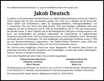 Anzeige von Jakob Deutsch von Kölner Stadt-Anzeiger / Kölnische Rundschau / Express