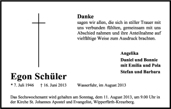Anzeige von Egon Schüler von Kölner Stadt-Anzeiger / Kölnische Rundschau / Express