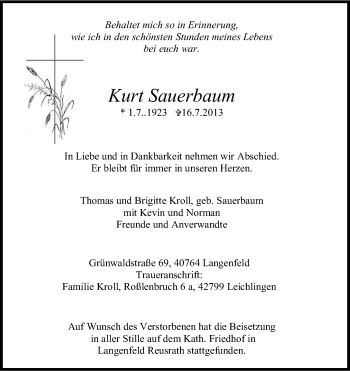 Anzeige von Kurt Sauerbaum von Kölner Stadt-Anzeiger / Kölnische Rundschau / Express