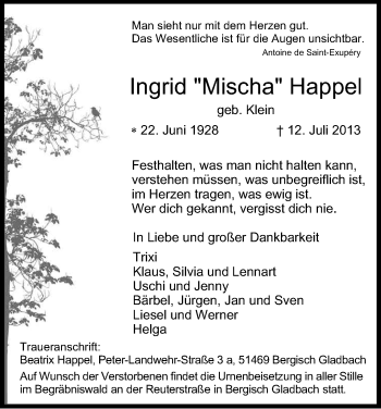 Anzeige von Ingrid Happel von Kölner Stadt-Anzeiger / Kölnische Rundschau / Express