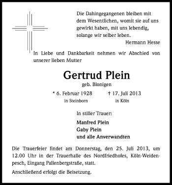 Anzeige von Gertrud Plein von Kölner Stadt-Anzeiger / Kölnische Rundschau / Express