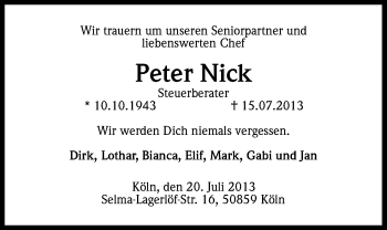Anzeige von Peter Nick von Kölner Stadt-Anzeiger / Kölnische Rundschau / Express