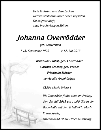 Anzeige von Johanna Overrödder von Kölner Stadt-Anzeiger / Kölnische Rundschau / Express