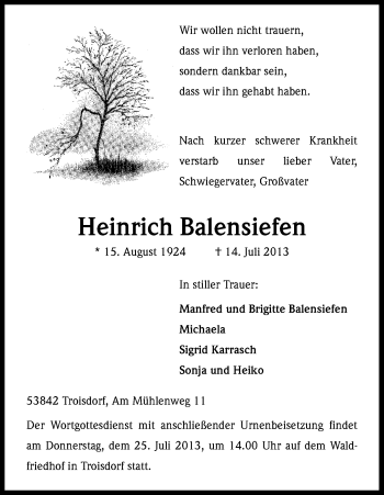 Anzeige von Heinrich Balensiefen von Kölner Stadt-Anzeiger / Kölnische Rundschau / Express