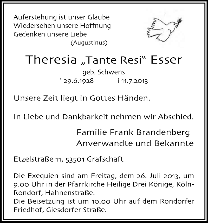  Traueranzeige für Theresia Esser vom 20.07.2013 aus Kölner Stadt-Anzeiger / Kölnische Rundschau / Express