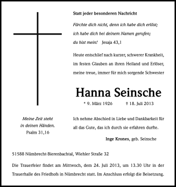 Anzeige von Hanna Seinsche von Kölner Stadt-Anzeiger / Kölnische Rundschau / Express