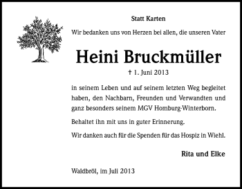 Anzeige von Heini Bruckmüller von Kölner Stadt-Anzeiger / Kölnische Rundschau / Express