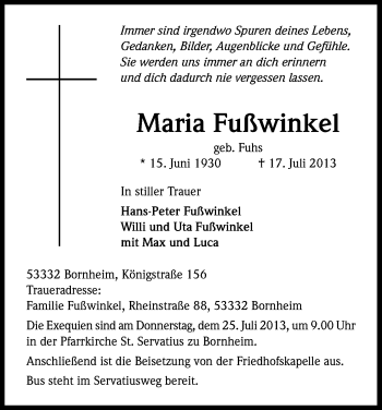 Anzeige von Maria Fußwinkel von Kölner Stadt-Anzeiger / Kölnische Rundschau / Express