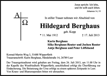 Anzeige von Hildegard Berghaus von Kölner Stadt-Anzeiger / Kölnische Rundschau / Express