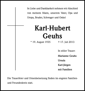 Anzeige von Karl-Hubert Geuhs von Kölner Stadt-Anzeiger / Kölnische Rundschau / Express