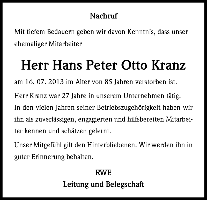  Traueranzeige für Hans Peter Otto Kranz vom 26.07.2013 aus Kölner Stadt-Anzeiger / Kölnische Rundschau / Express