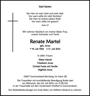 Anzeige von Renate Martel von Kölner Stadt-Anzeiger / Kölnische Rundschau / Express