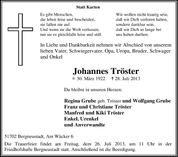 Anzeige von Johannes Tröster von Kölner Stadt-Anzeiger / Kölnische Rundschau / Express