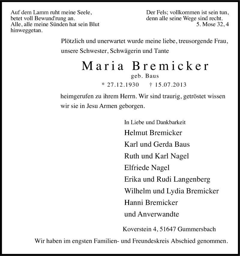  Traueranzeige für Maria Bremicker vom 20.07.2013 aus Kölner Stadt-Anzeiger / Kölnische Rundschau / Express