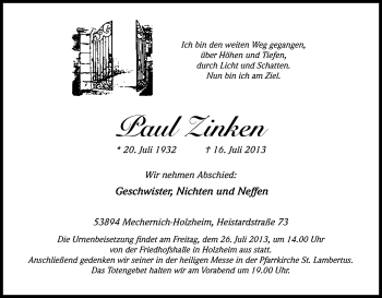 Anzeige von Paul Zinken von Kölner Stadt-Anzeiger / Kölnische Rundschau / Express